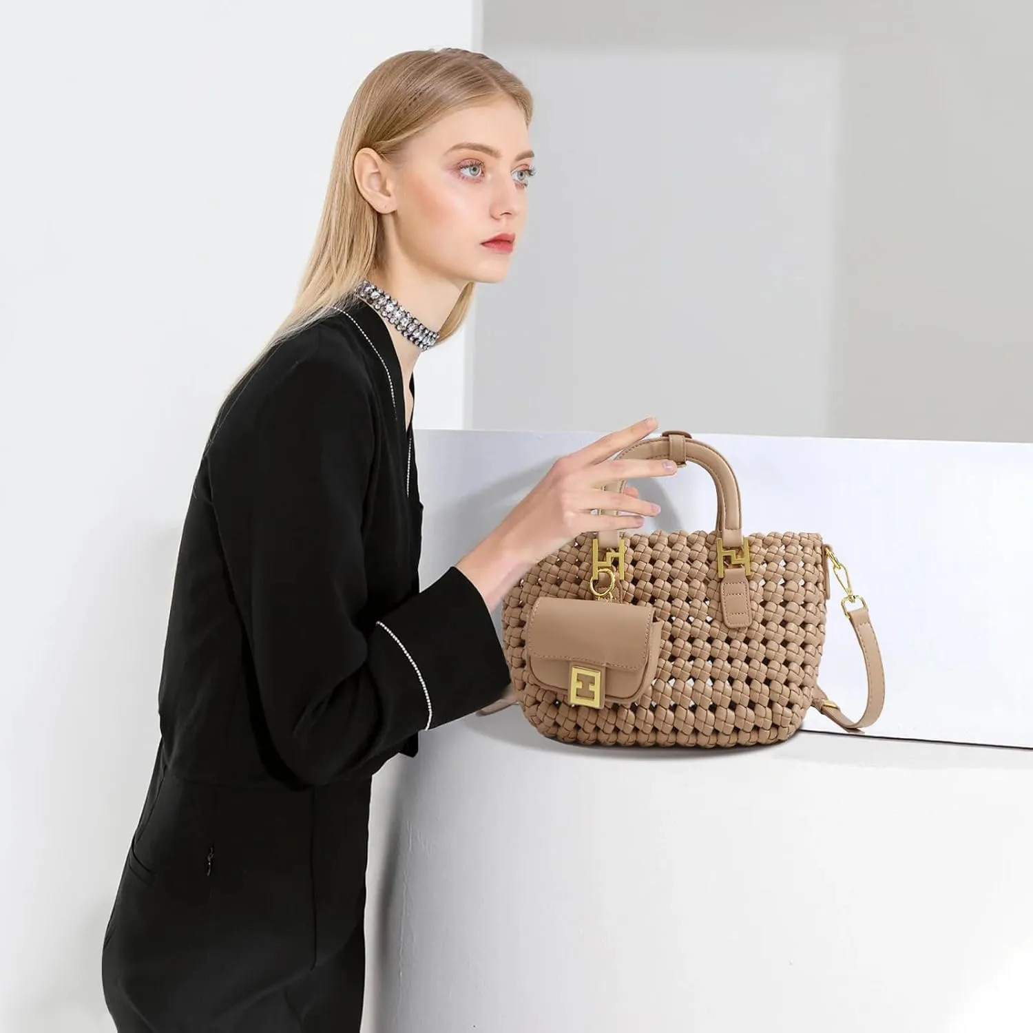 Woven Tote Bag For Women, Fashion Crossbody Shoulder Bag, Casual Top-handle Handbags, and Travel Purses Phone Bag