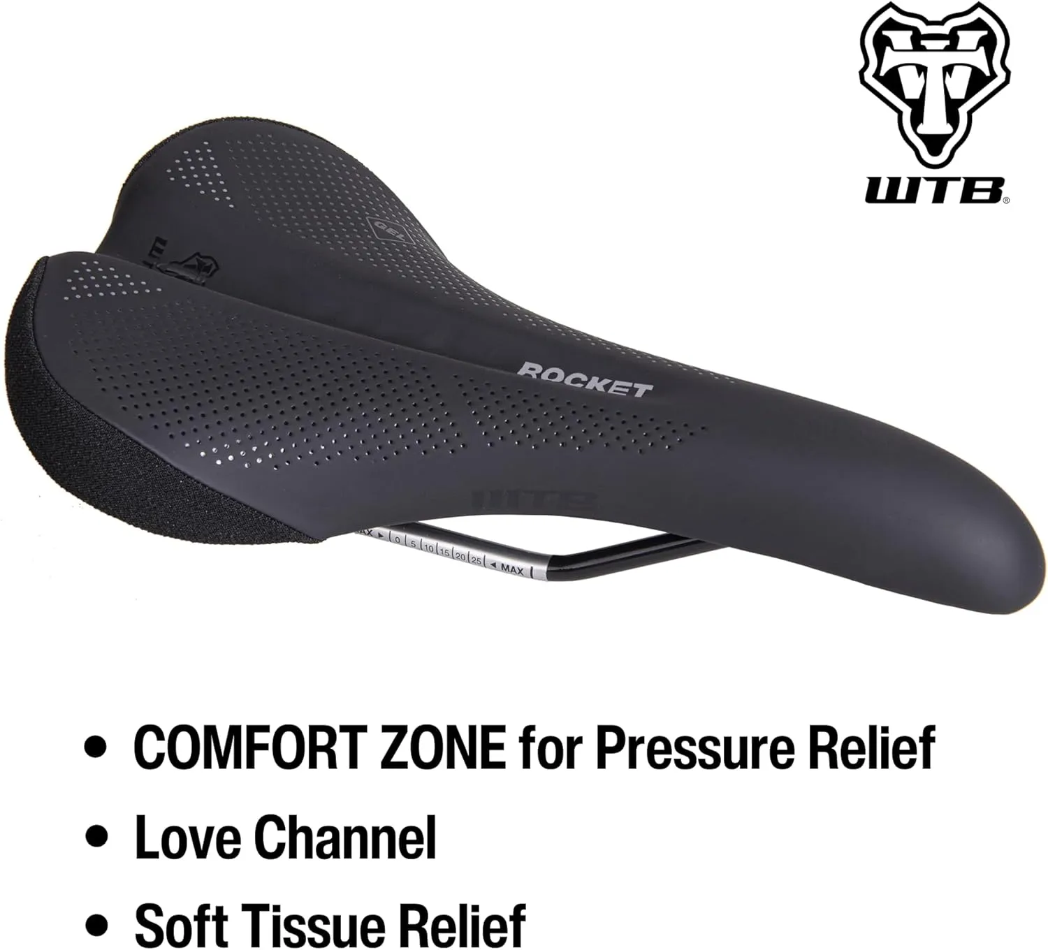 WTB Rocket Bike Saddle - Thick Padding, Contoured Whale-Tail Design for Comfort & Power, Microfiber Cover, Ideal for E-Bikes, Available in Medium or Wide with Steel, Cromoly, or Titanium Rails