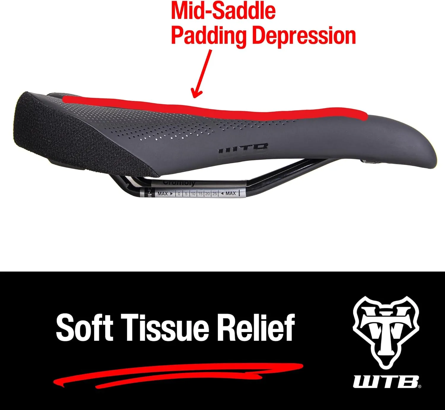 WTB Rocket Bike Saddle - Thick Padding, Contoured Whale-Tail Design for Comfort & Power, Microfiber Cover, Ideal for E-Bikes, Available in Medium or Wide with Steel, Cromoly, or Titanium Rails