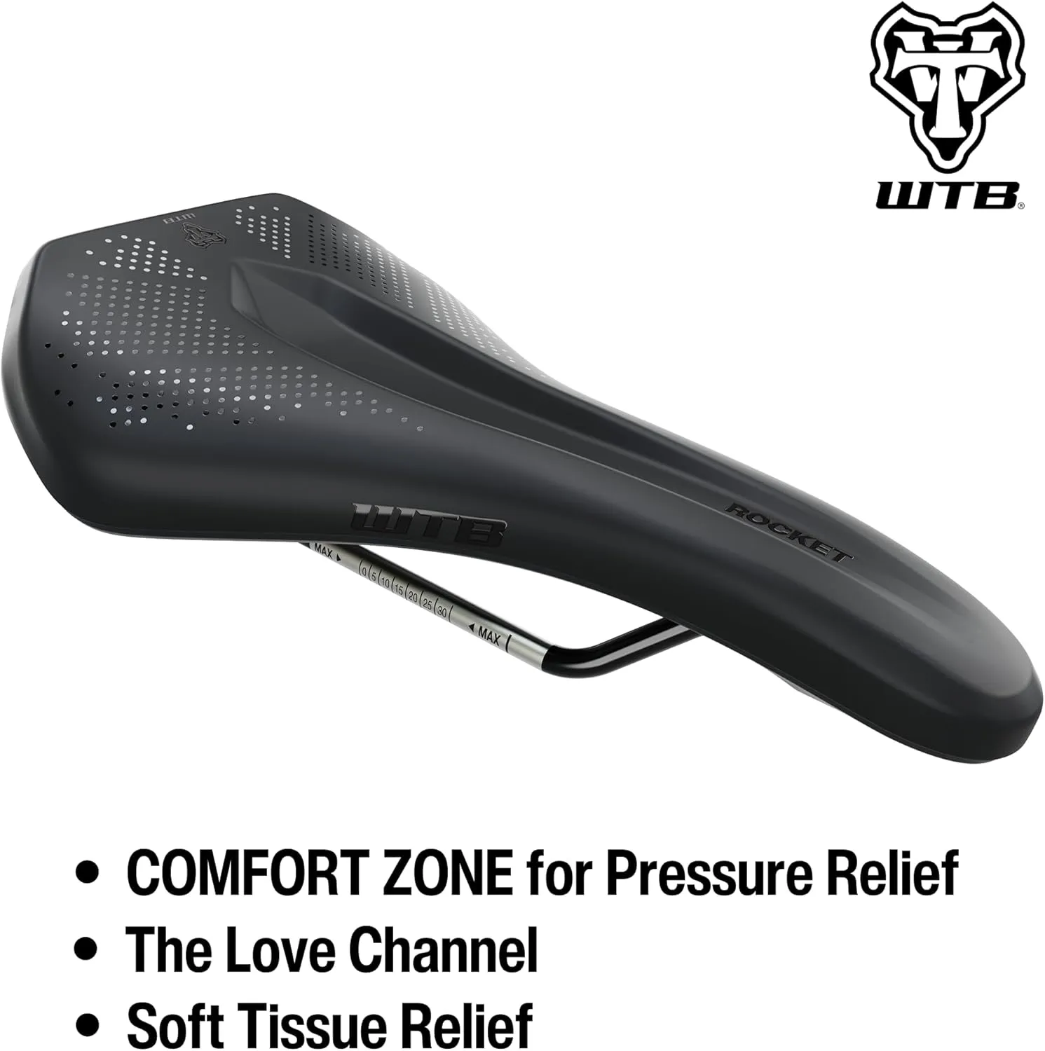 WTB Rocket Fusion Form E-Bike MTB Saddle, Available with Titanium, Stainless Steel, Chromoly, and Steel Rails, Fusion Form Base, Thick Padding Support, Integrated Handle