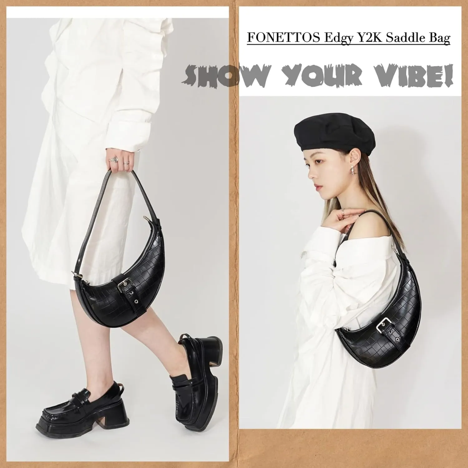 Y2K Saddle Hobo Bag, Women Shoulder Purse Moon Bag Handbag Fashion for Girls