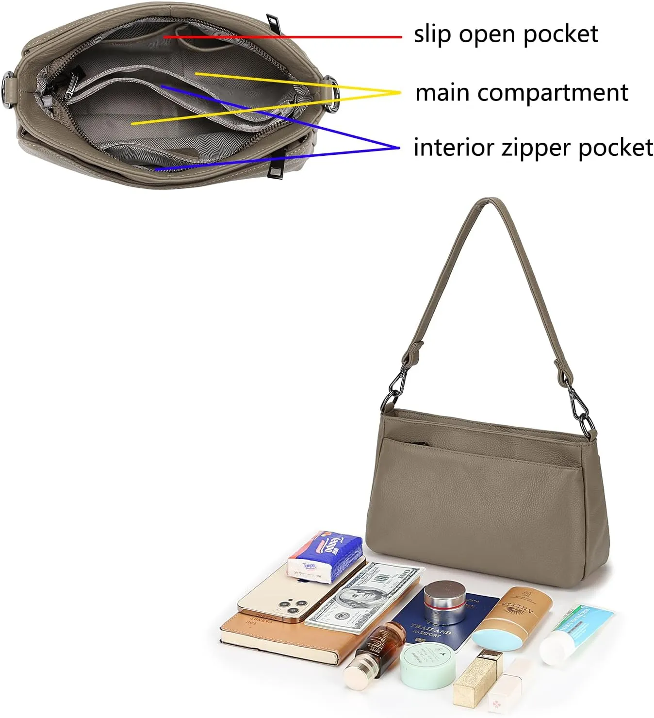 YALUXE Women's Real Leather Shoulder Bag Medium Size Handbag Purse with Multi Zip Pockets