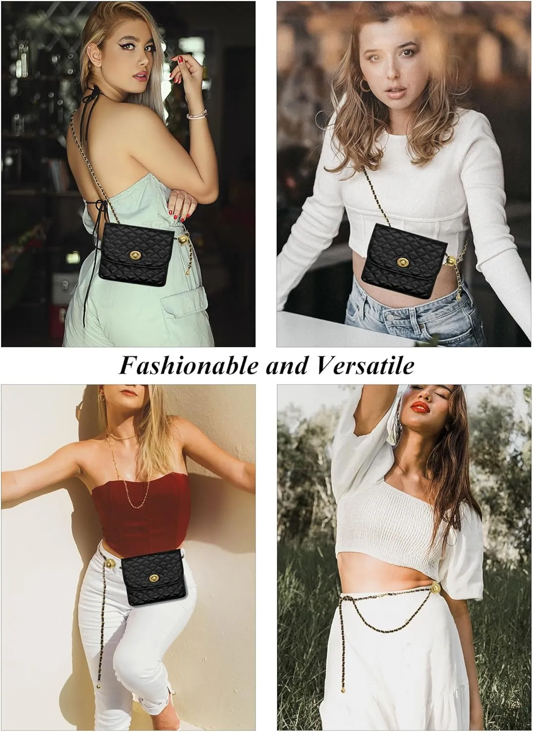 YAMEIZE PU Leather Chain Belt Bag for Women - Crossbody Waist Bag Fanny Pack Detachable Belt Chain Women Evening Mini Handbag