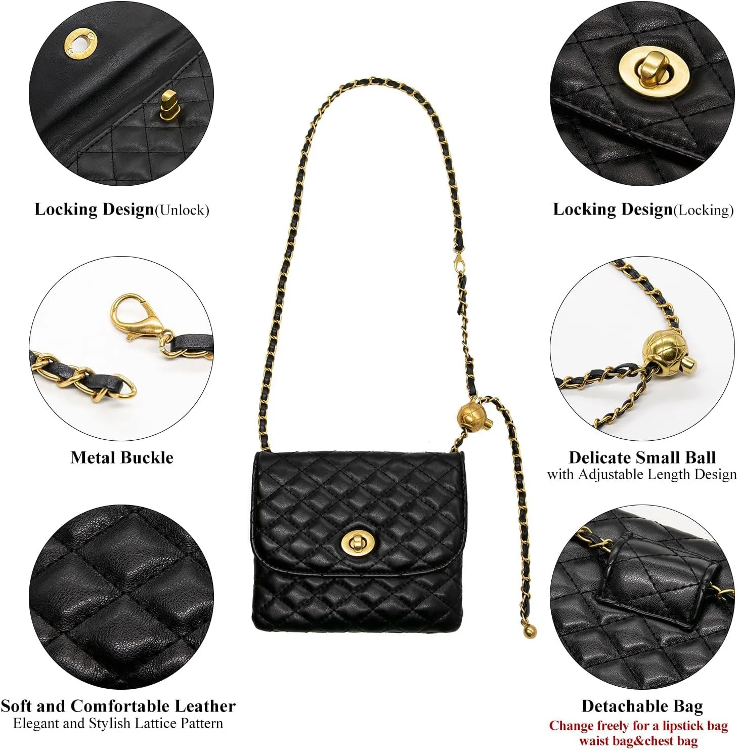 YAMEIZE PU Leather Chain Belt Bag for Women - Crossbody Waist Bag Fanny Pack Detachable Belt Chain Women Evening Mini Handbag