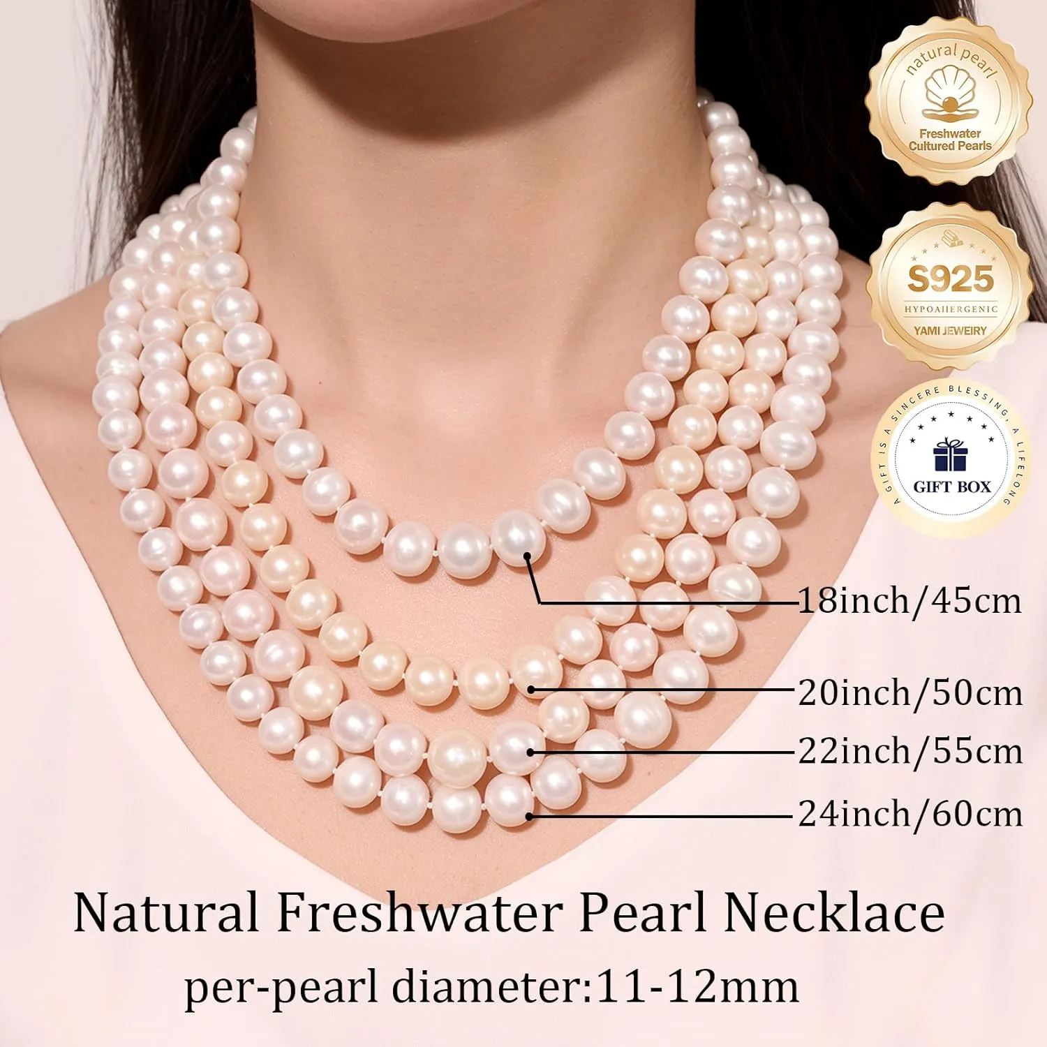 YAMI 11-12mm Natural White Freshwater Cultured Pearl Necklace for Women, 18/20/22/24Inch Length Genuine Real Pearl Strand Necklace with 925 Sterling Silver Pea Clasp, Jewelry Gifts for Mom Grandmother