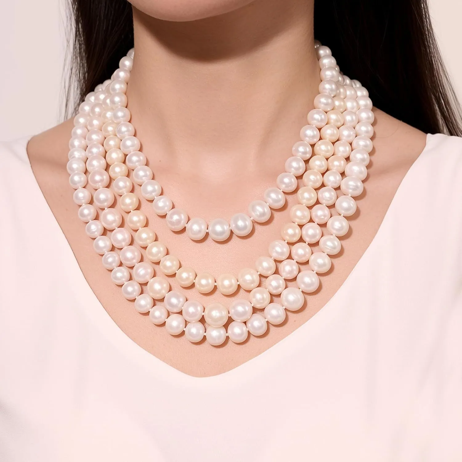 YAMI 11-12mm Natural White Freshwater Cultured Pearl Necklace for Women, 18/20/22/24Inch Length Genuine Real Pearl Strand Necklace with 925 Sterling Silver Pea Clasp, Jewelry Gifts for Mom Grandmother