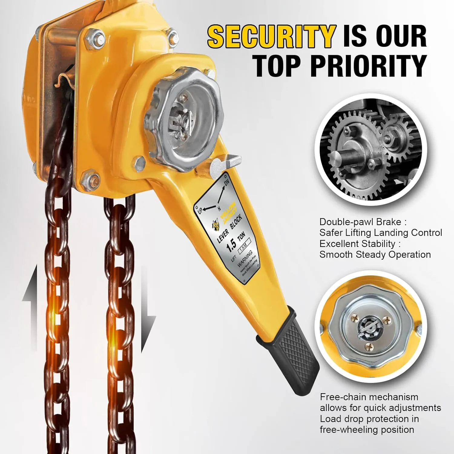 YELLOW JACKET 1.5 Ton Manual Lever Chain Hoist, G80 Galvanized Carbon Steel with Weston Double-Pawl Brake, Chain Come Along and Safety Measures for Chain Fall