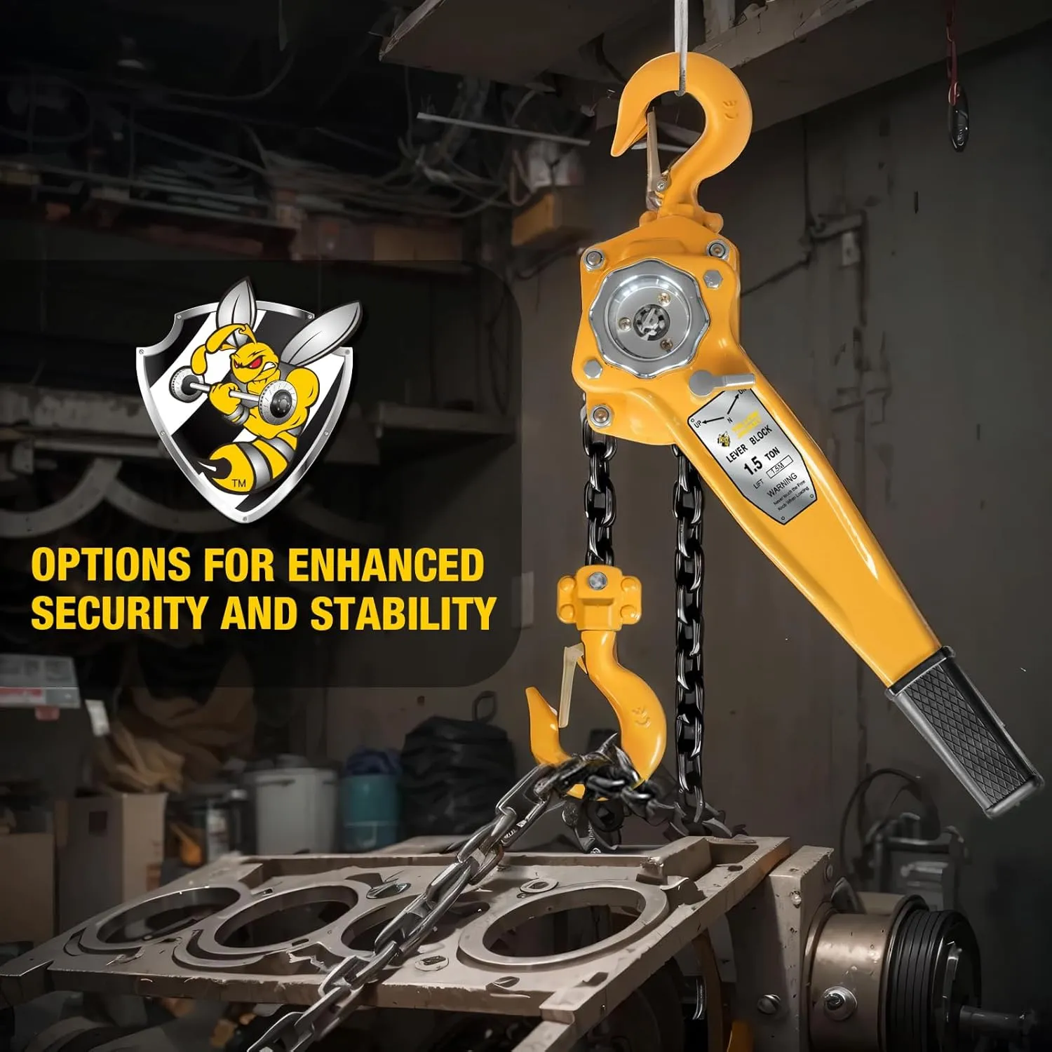 YELLOW JACKET 1.5 Ton Manual Lever Chain Hoist, G80 Galvanized Carbon Steel with Weston Double-Pawl Brake, Chain Come Along and Safety Measures for Chain Fall