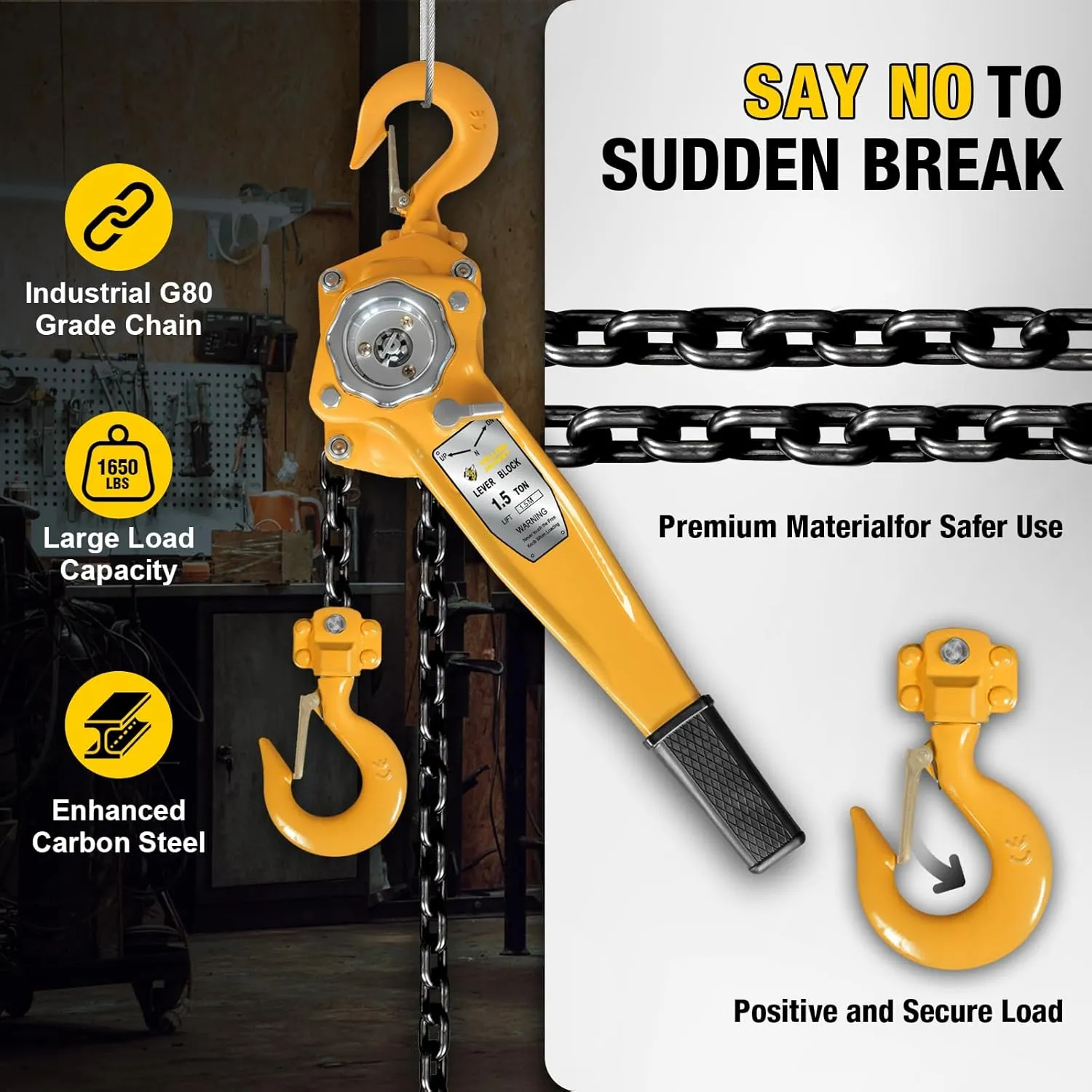 YELLOW JACKET 1.5 Ton Manual Lever Chain Hoist, G80 Galvanized Carbon Steel with Weston Double-Pawl Brake, Chain Come Along and Safety Measures for Chain Fall