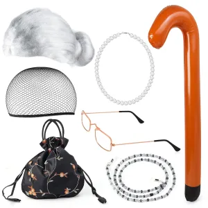 Yewong Old Lady Costume Set - Grandmother Wig,Costume Glasses,Wig Caps, Pearl Necklace, Glass Chain, Inflatable Cane, Handbag (White)