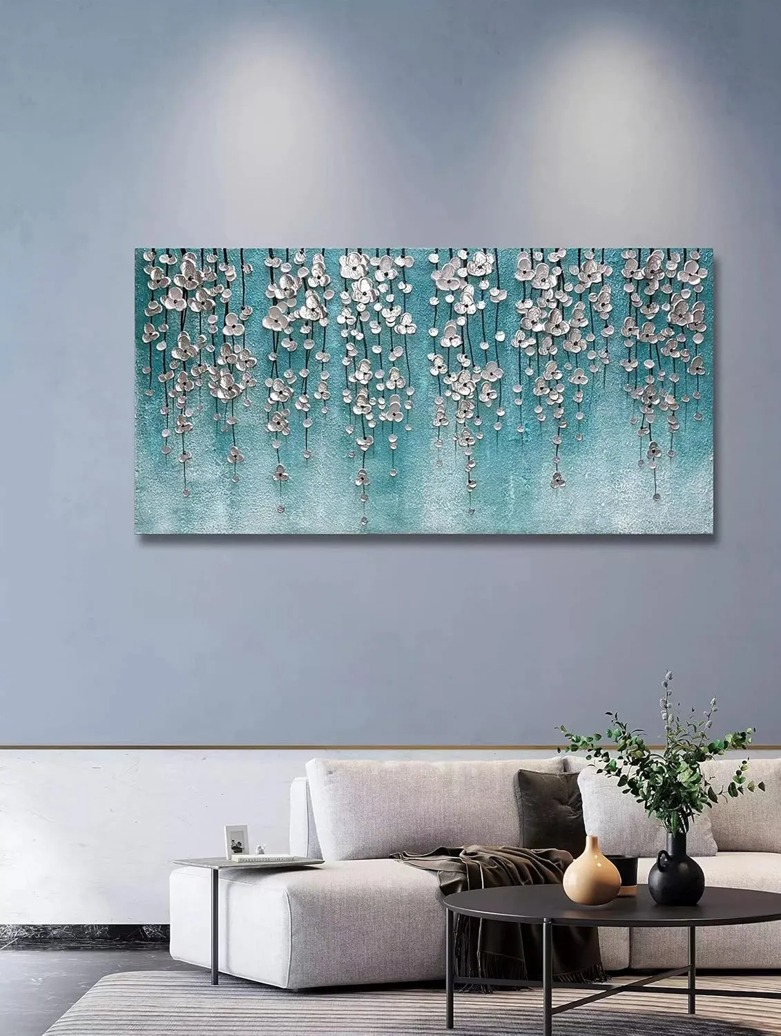Yika Art 3D Paintings 30X60 Inch Modern Abstract Oil Painting Hand Painted On Canvas Abstract Artwork Picture Wall Decoration for living room - Silver Flower Wall Art (Blue)