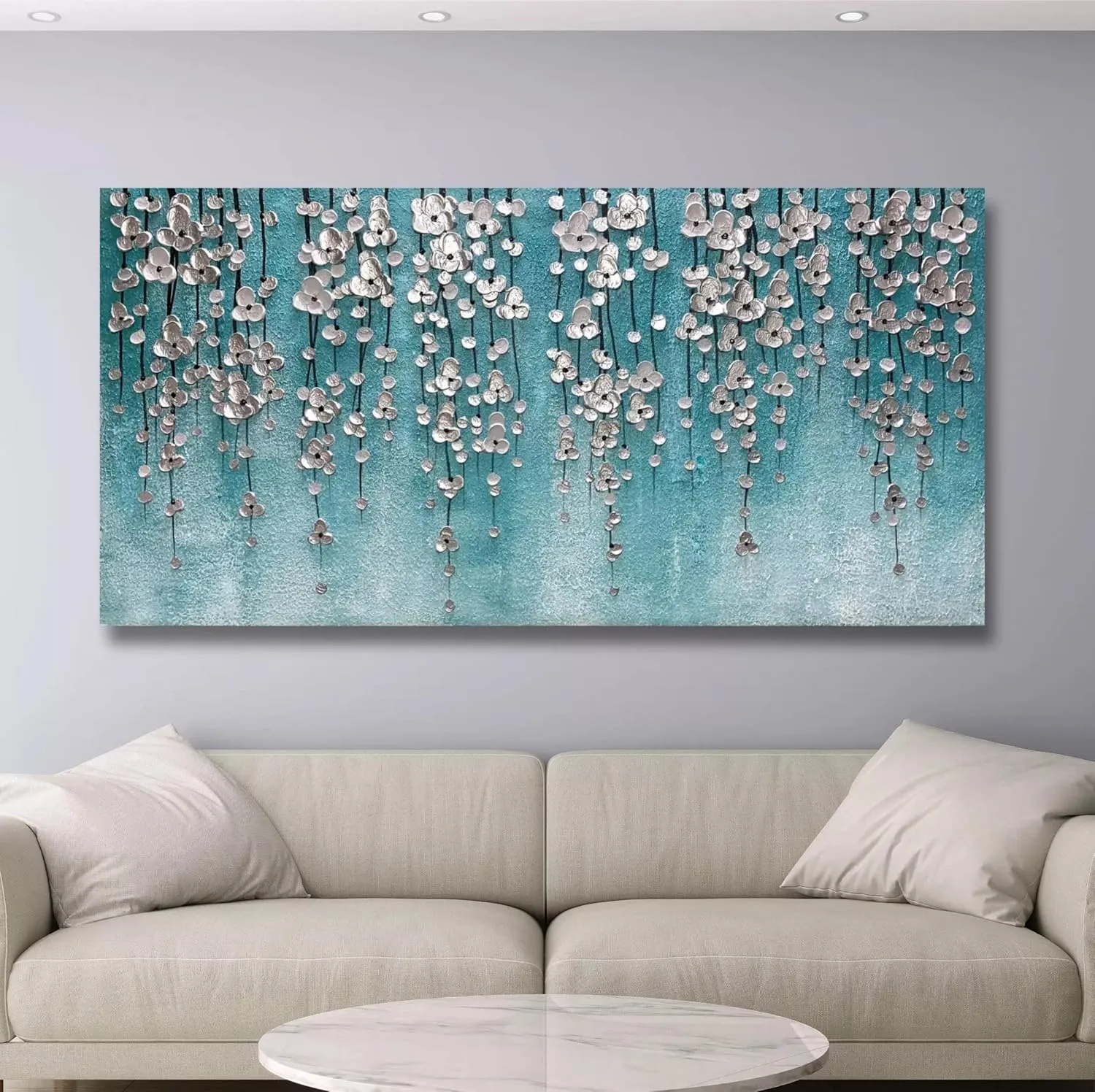 Yika Art 3D Paintings 30X60 Inch Modern Abstract Oil Painting Hand Painted On Canvas Abstract Artwork Picture Wall Decoration for living room - Silver Flower Wall Art (Blue)