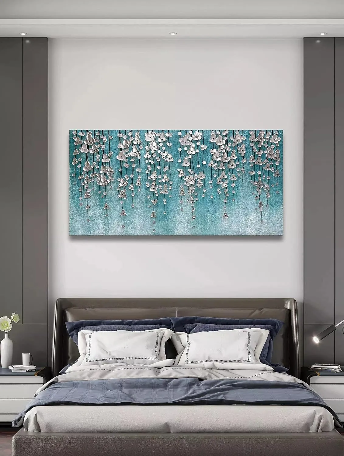 Yika Art 3D Paintings 30X60 Inch Modern Abstract Oil Painting Hand Painted On Canvas Abstract Artwork Picture Wall Decoration for living room - Silver Flower Wall Art (Blue)