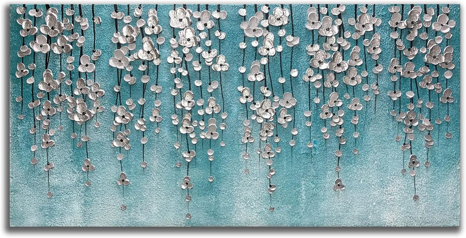 Yika Art 3D Paintings 30X60 Inch Modern Abstract Oil Painting Hand Painted On Canvas Abstract Artwork Picture Wall Decoration for living room - Silver Flower Wall Art (Blue)