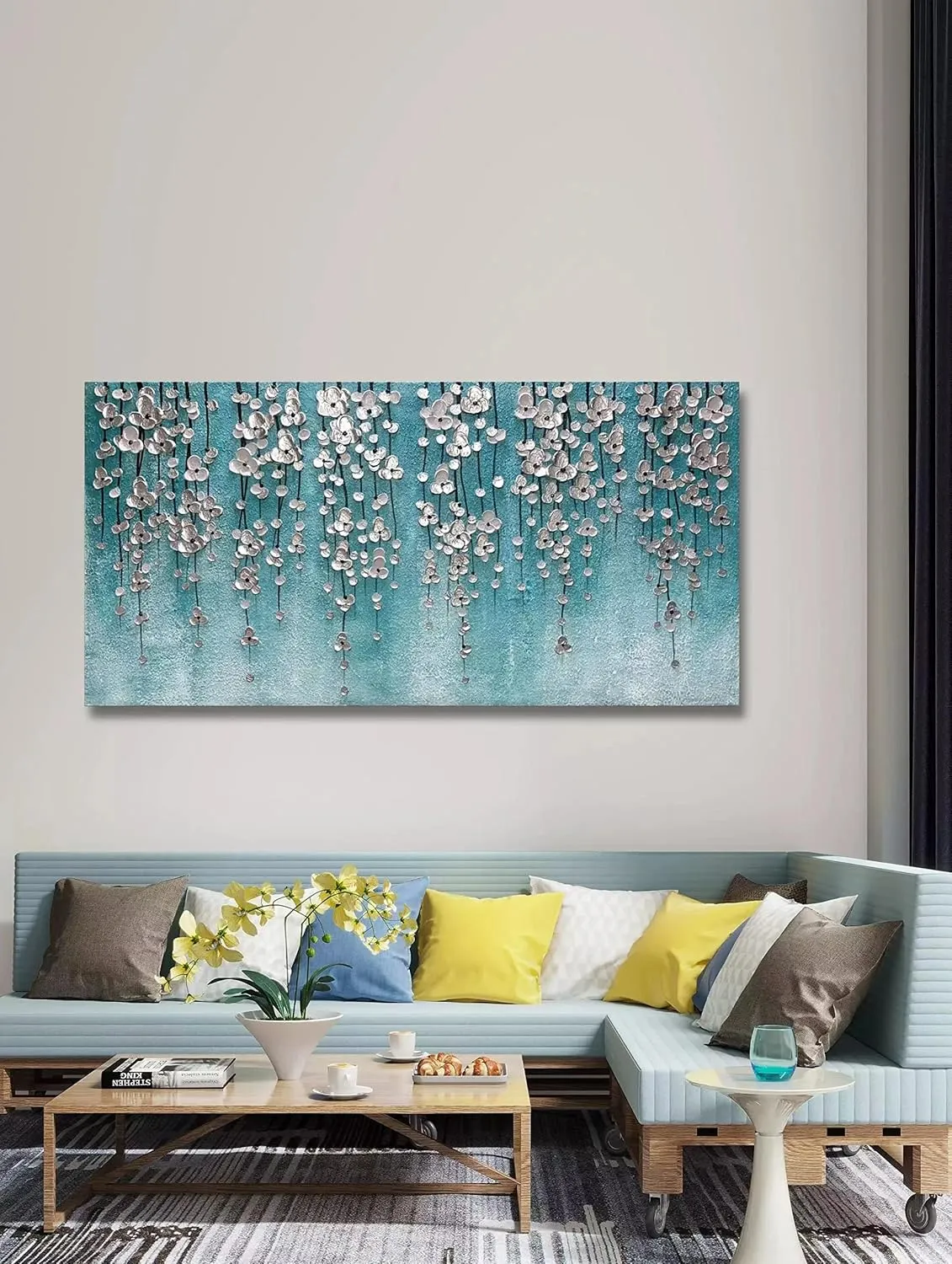 Yika Art 3D Paintings 30X60 Inch Modern Abstract Oil Painting Hand Painted On Canvas Abstract Artwork Picture Wall Decoration for living room - Silver Flower Wall Art (Blue)