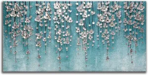 Yika Art 3D Paintings 30X60 Inch Modern Abstract Oil Painting Hand Painted On Canvas Abstract Artwork Picture Wall Decoration for living room - Silver Flower Wall Art (Blue)