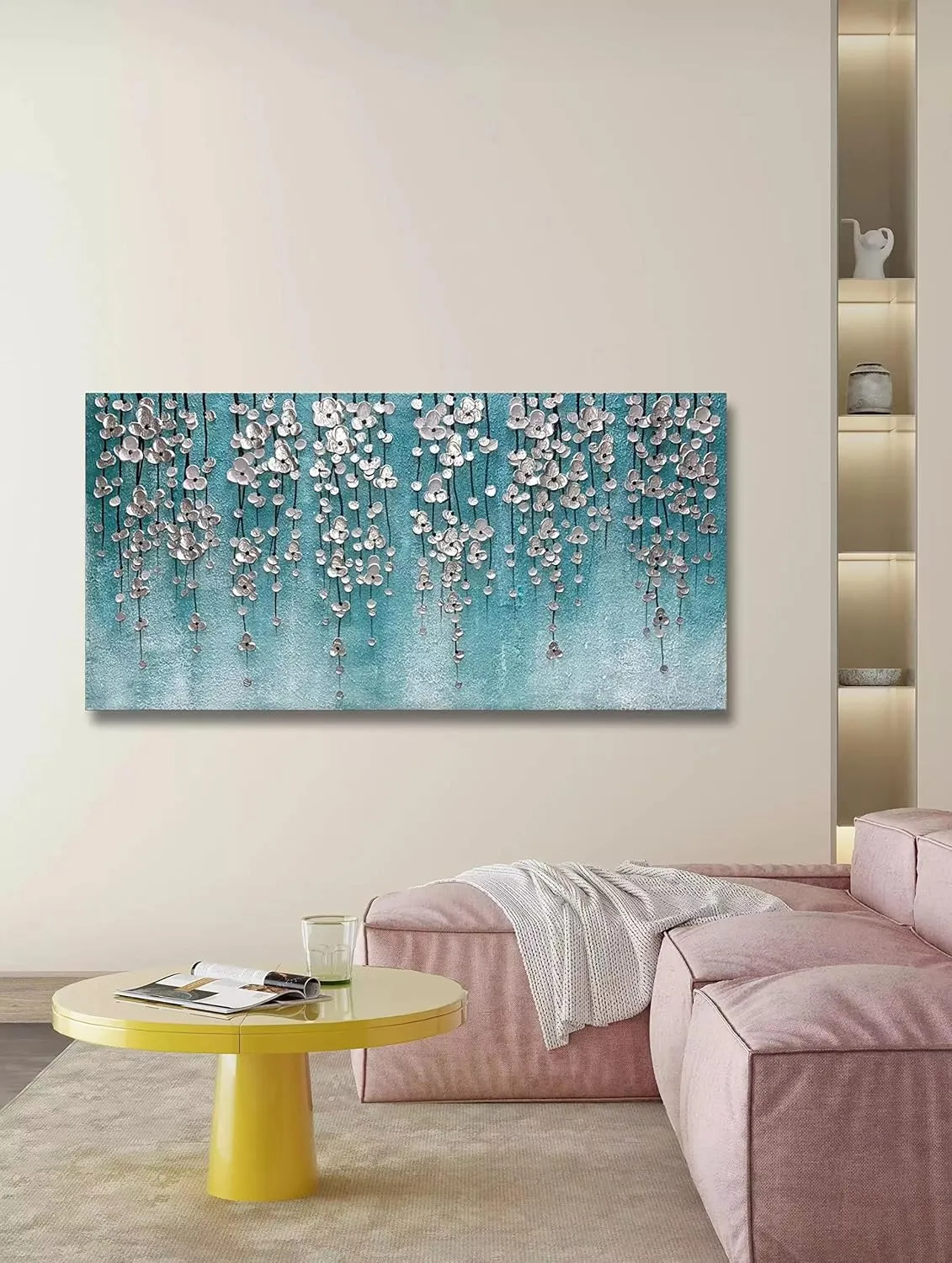 Yika Art 3D Paintings 30X60 Inch Modern Abstract Oil Painting Hand Painted On Canvas Abstract Artwork Picture Wall Decoration for living room - Silver Flower Wall Art (Blue)