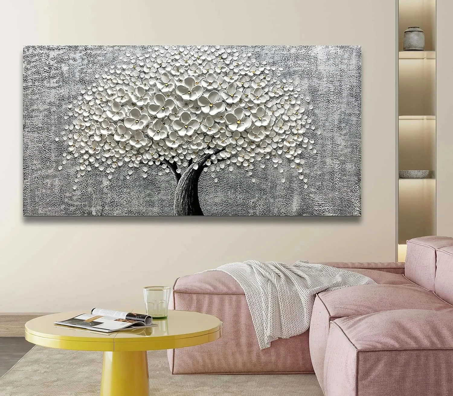 Yika Art Paintings - 30X60 Inch 3D White Flower Painting Abstract Textured Knife Platte Acrylic Painting on Canvas 3D Flowers Tree Paintings Ready to hang (White)