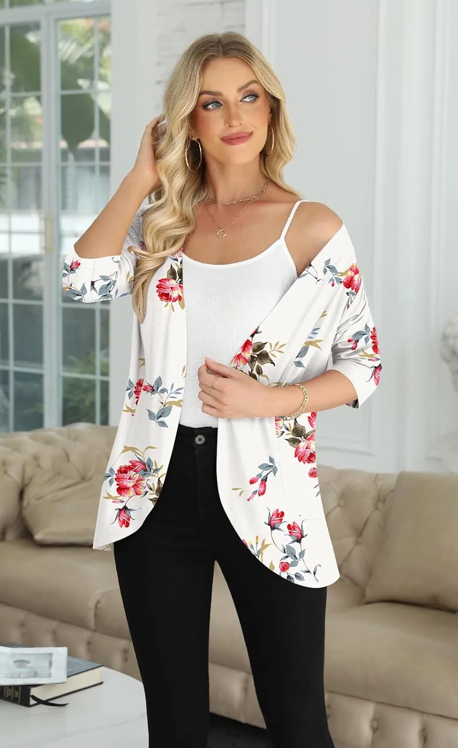 Yincro Women's Casual 3/4 Sleeve Cardigan Lightweight Soft Open Front Cardigans