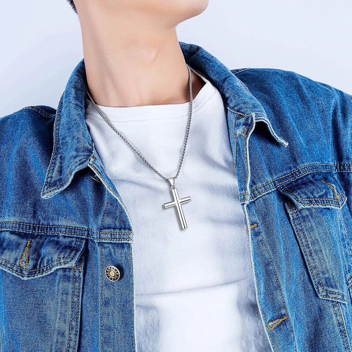 YL Men's Cross Necklace 316L Stainless Steel Jesus Ankh Pendant Rolo Chain Jewelry