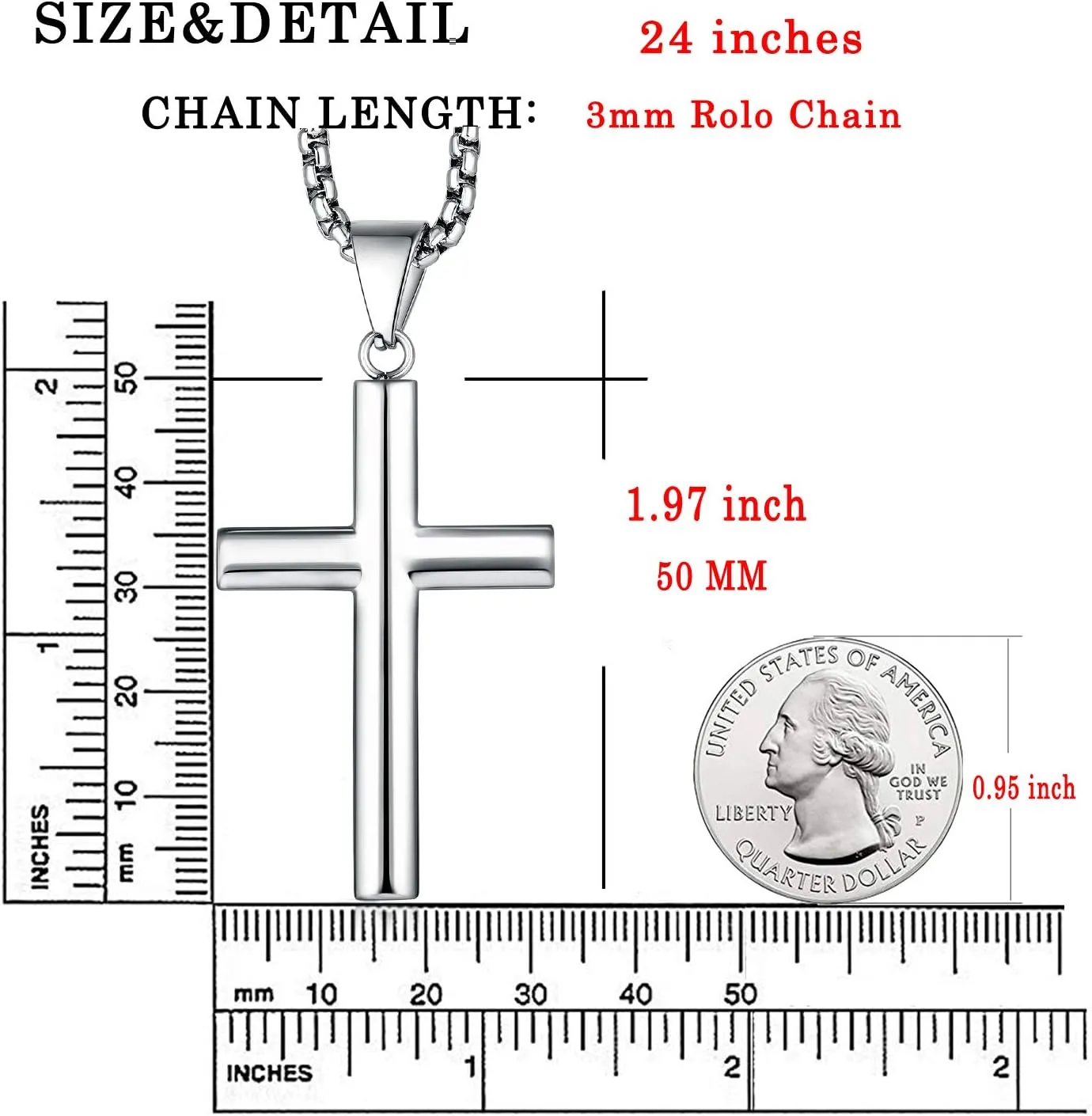 YL Men's Cross Necklace 316L Stainless Steel Jesus Ankh Pendant Rolo Chain Jewelry
