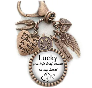 You Left Hoof Prints On My Heart, Horse Memorial, Custom Name, Purse Clip, Backpack Clip, Key Chain or Necklace, Unisex Design, Sympathy, Bereavement Gift, Loss of Horse