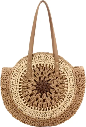 YYW Round Straw Bag Handwoven Natural Summer Beach Shoulder Bag Rattan Crossbody Purse for Women
