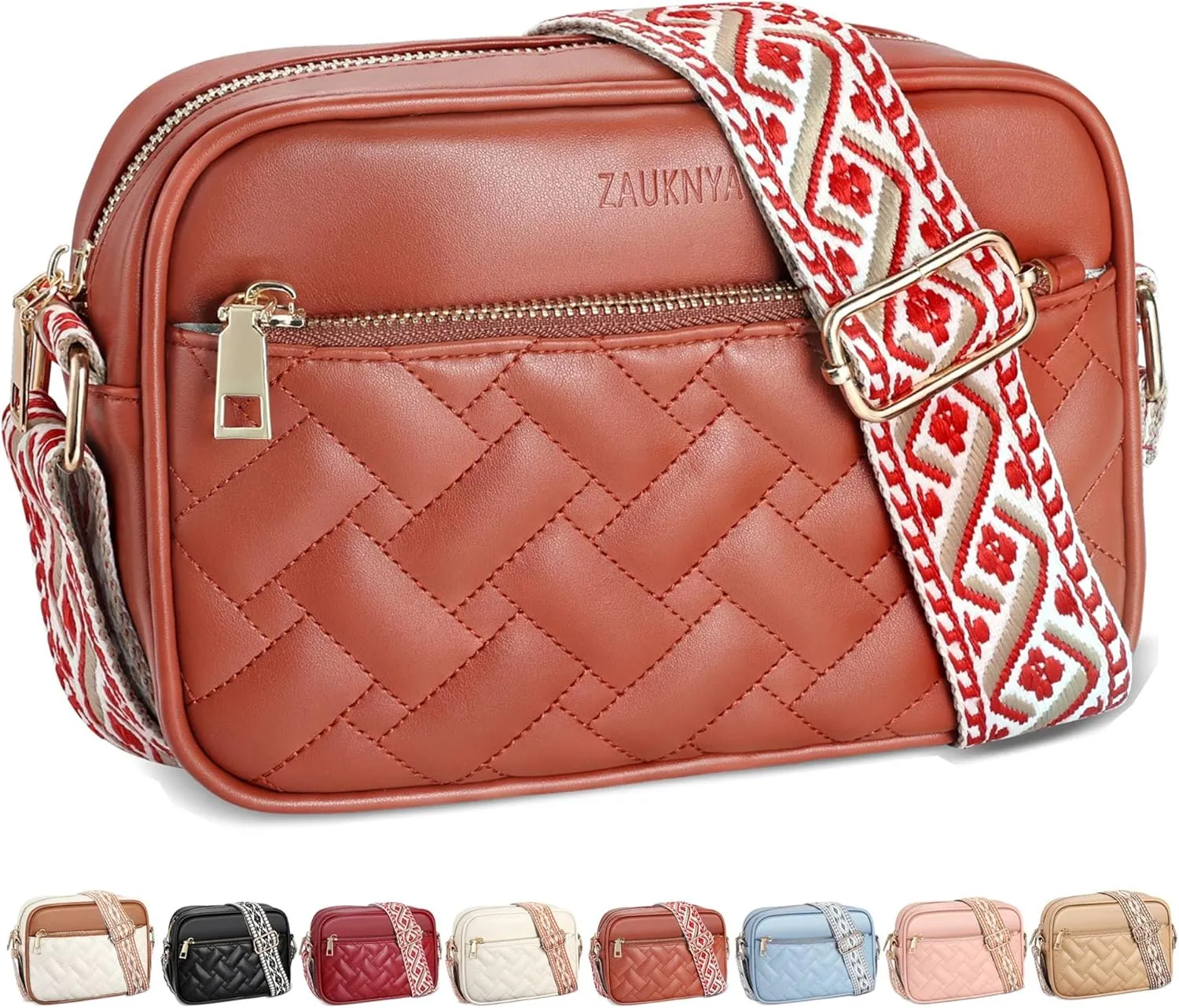 ZAUKNYA Quilted Crossbody Bags for Women Small Vegan Leather Cross body Purse Shoulder Handbags with Wide Guitar Strap