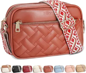 ZAUKNYA Quilted Crossbody Bags for Women Small Vegan Leather Cross body Purse Shoulder Handbags with Wide Guitar Strap