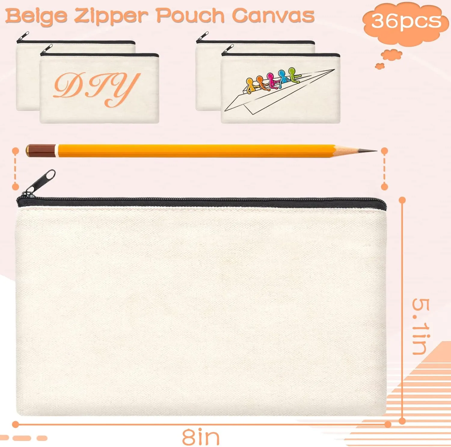 ZeeDix Canvas Pouch- Multi-purpose Cosmetic Bag with Zipper, DIY Craft Canvas Zipper Pouch Blank Makeup Bags Bulk Travel Toiletry Bag for Storage (8.3 x 5 inches)