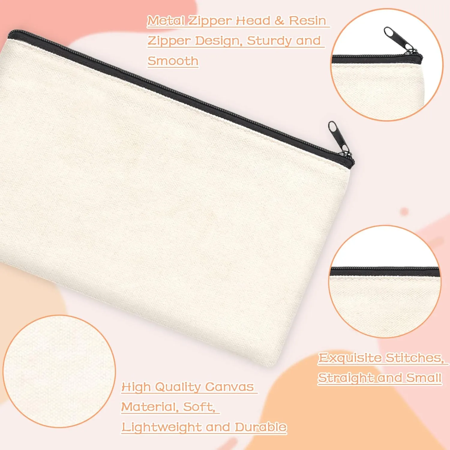 ZeeDix Canvas Pouch- Multi-purpose Cosmetic Bag with Zipper, DIY Craft Canvas Zipper Pouch Blank Makeup Bags Bulk Travel Toiletry Bag for Storage (8.3 x 5 inches)
