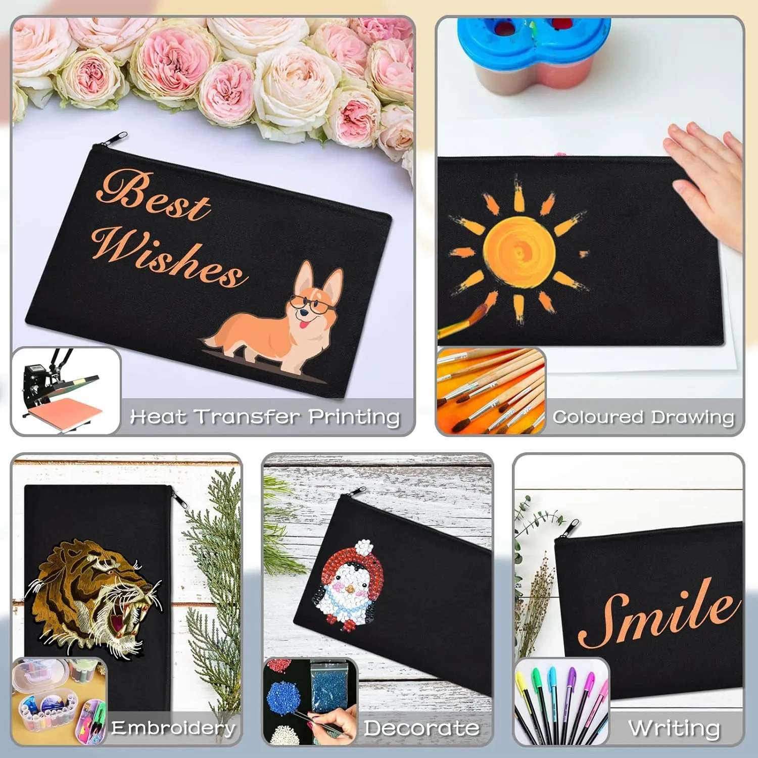 ZeeDix Canvas Pouch- Multi-purpose Cosmetic Bag with Zipper, DIY Craft Canvas Zipper Pouch Blank Makeup Bags Bulk Travel Toiletry Bag for Storage (8.3 x 5 inches)