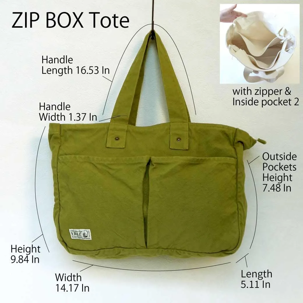 ZIP BOX Tote Bag Cotton100% Canvas Zipper Fastener japan Washable Outer Pocket Sholder hand Bag (VC-24)