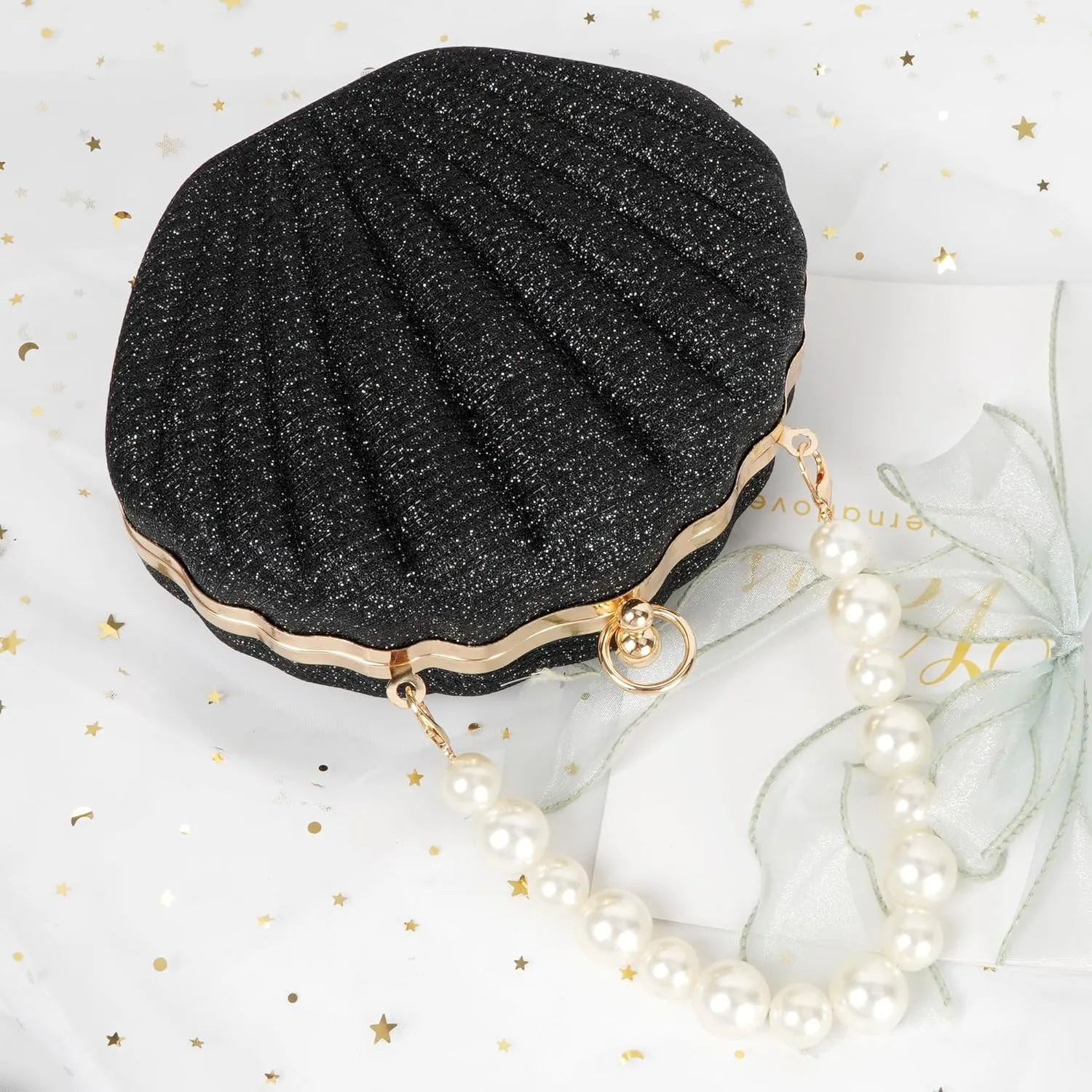 ZLM BAG US Glitter Seashell Evening Clutch Purse Mini Chain Crossbody Bag Pu Leather Shell Pearl Shoulder Bag
