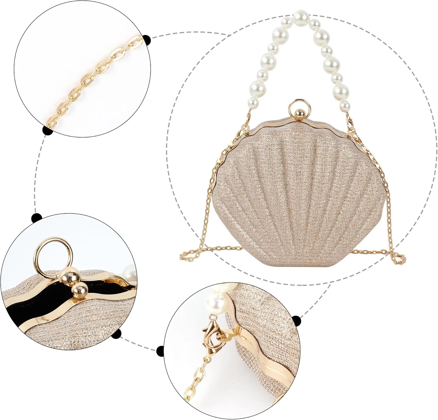 ZLM BAG US Glitter Seashell Evening Clutch Purse Mini Chain Crossbody Bag Pu Leather Shell Pearl Shoulder Bag