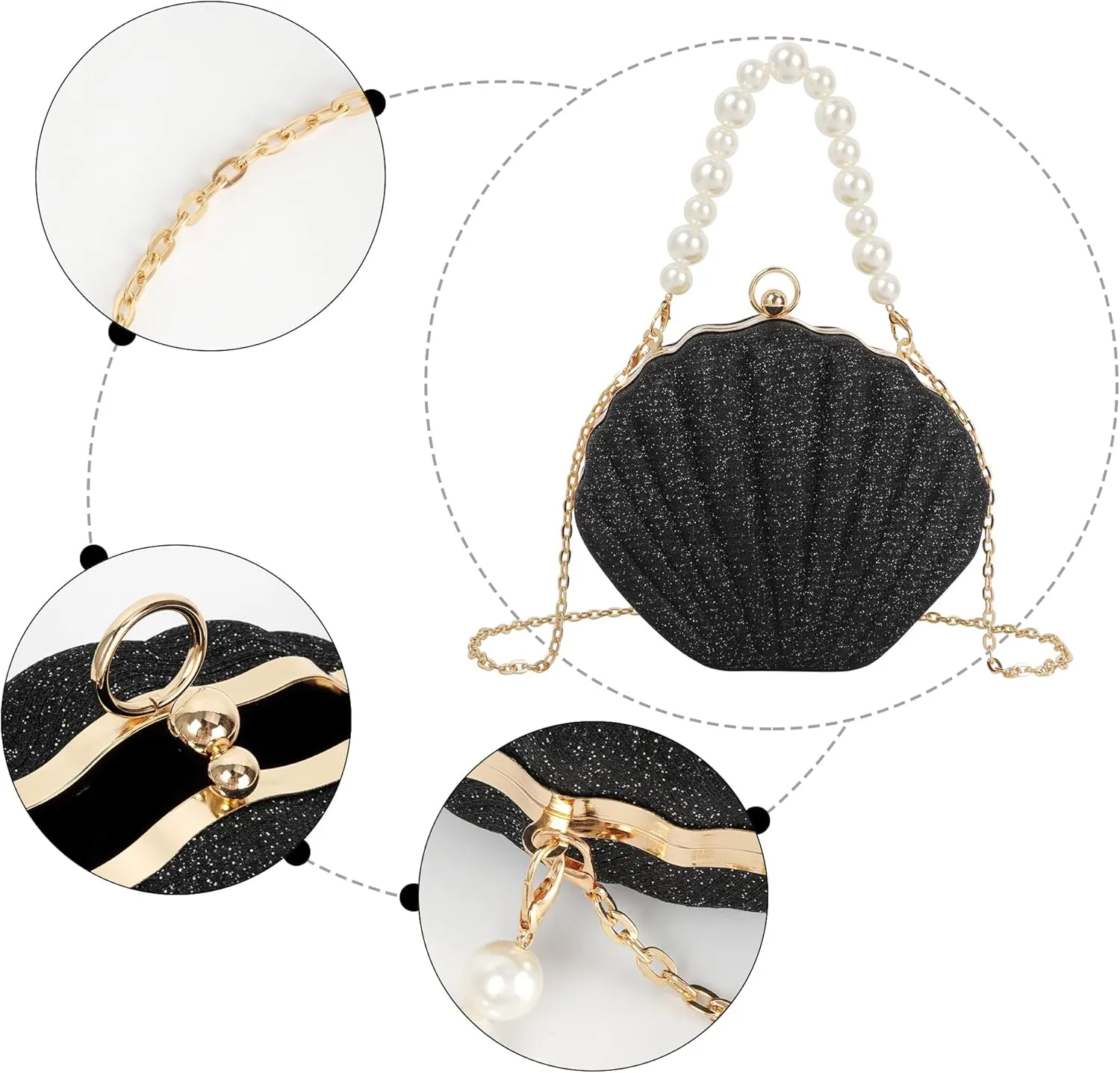 ZLM BAG US Glitter Seashell Evening Clutch Purse Mini Chain Crossbody Bag Pu Leather Shell Pearl Shoulder Bag